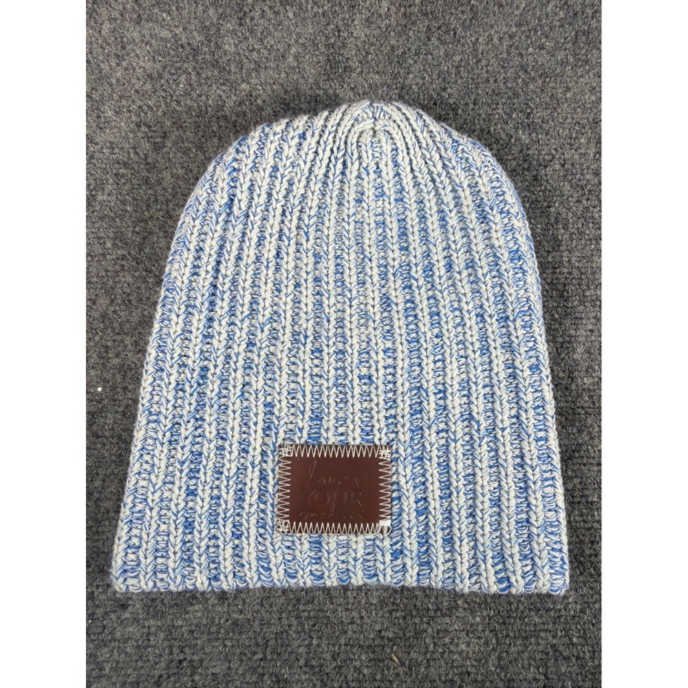 Love Your Melon Blue White Marled Knit Beanie Leather Patch Cotton Hat USA